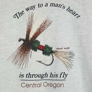 Vtg 90s Through His Fly T-Shirt L Gray Fly Fishing